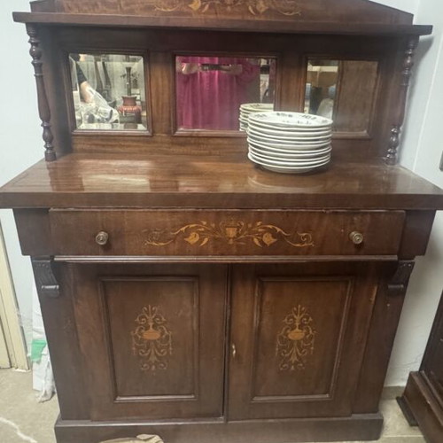 Vintage wooden sideboard buffet cabinet with mirror and inlay used