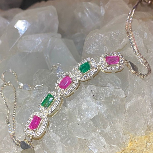 Handmade silver bracelet with natural emerald, ruby and moissanite, new