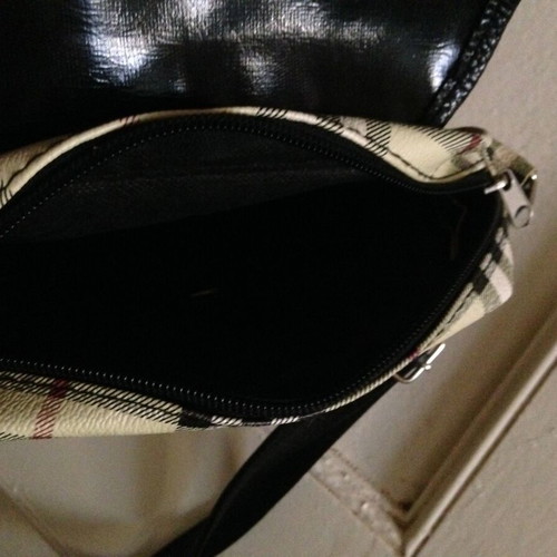 Crossbody bag used with classic check print, black and beige