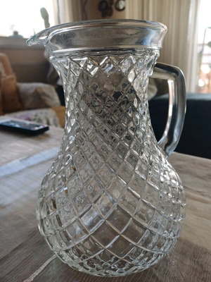 Vintage glass water pitcher with embossed diamond pattern, new