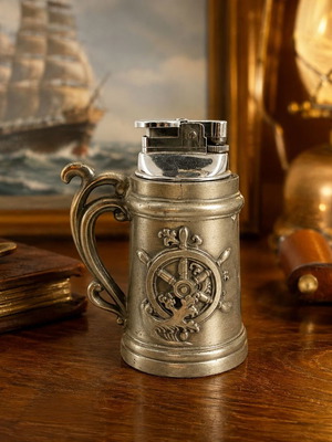 Vintage table gas lighter with nautical ship wheel and boat design, used