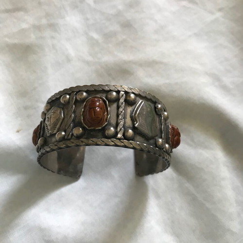 Vintage Egyptian cuff bracelet with pharaoh and scarab, new