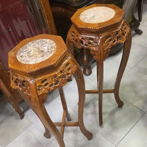 Pair of Antique Plant Stands with Carved Wood and Marble Like New
