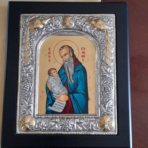St. Stilianos icon silver 925 like new, Greek protector of children