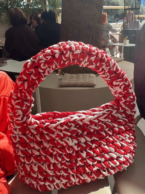 Knitted bag handmade new with handle, white and red
