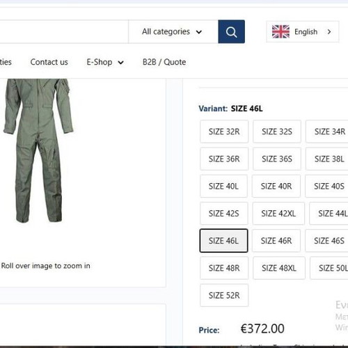 CWU 27/P Sage Green Nomex Flight Suit New, Size 46L