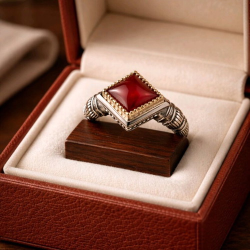 Vintage Gerochristo ring with carnelian used, 925 silver and gold details