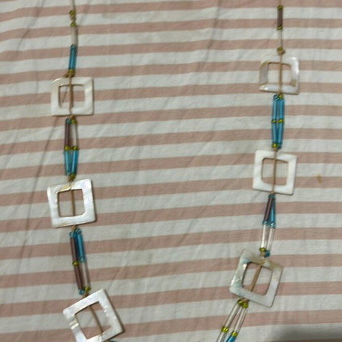 Necklace with multicolored beads new, white and blue