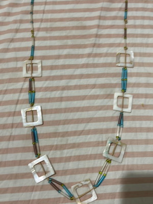 Necklace with multicolored beads new, white and blue