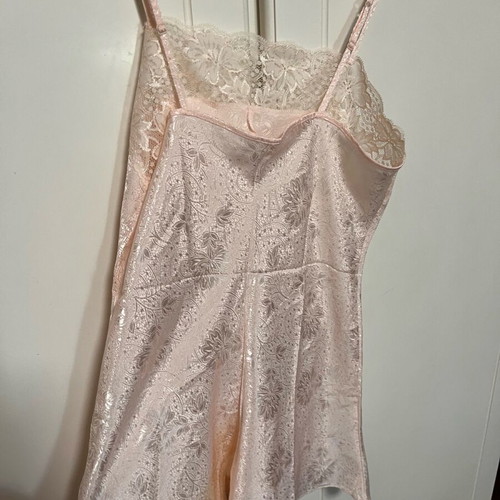Lingerie one-piece shorts pink pastel satin with lace flowers, new, XS