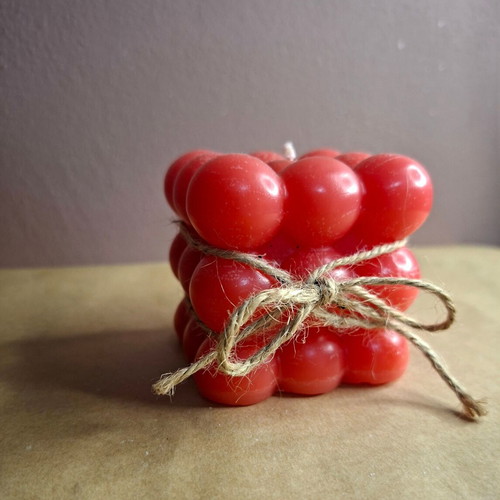 Bubble Cube candle handmade new, vibrant red with rustic detail
