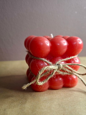 Bubble Cube candle handmade new, vibrant red with rustic detail