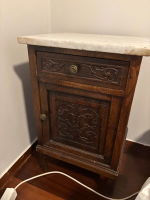 Wooden vintage nightstand with marble top used, antique