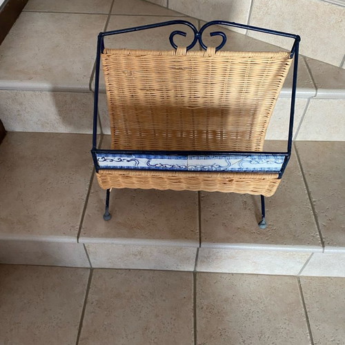Rattan and metal newspaper and magazine holder like new