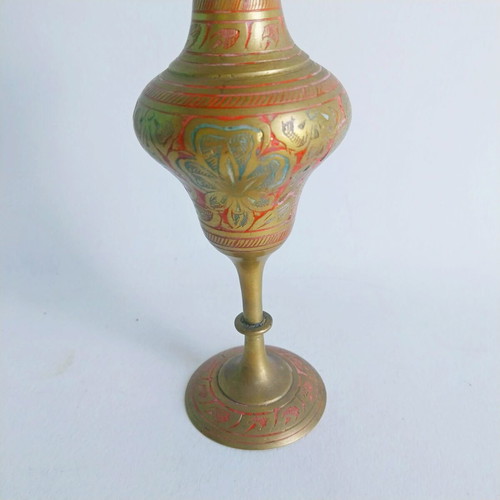 Vintage Indian brass vase used, hand engraved and painted