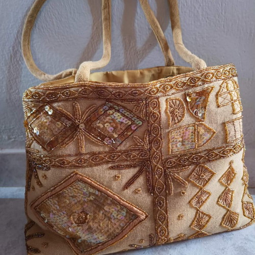 Handmade Embroidered Handbag With Gold Beads Beige Brown