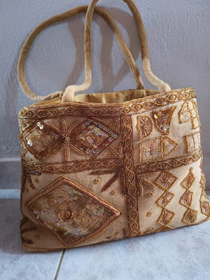 Handmade Embroidered Handbag With Gold Beads Beige Brown