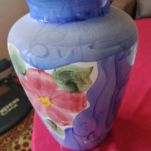 Large decorative ceramic majolica vase with colorful hand-painted flowers, Mediterranean style