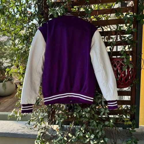 College bomber jacket new, white and purple, wool and leather sleeves