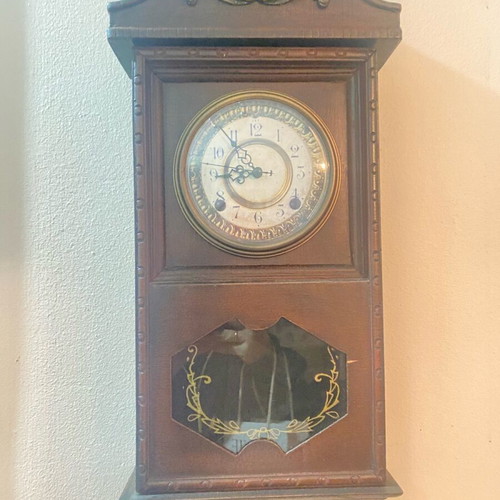 Vintage wooden wall clock used, analog, decorative
