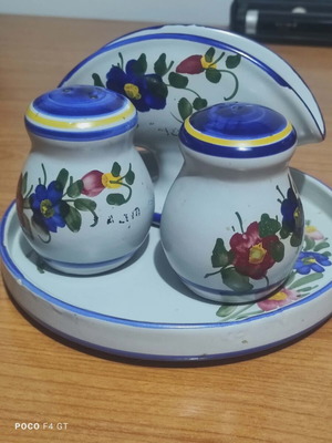Clay salt and pepper set used, hand-painted