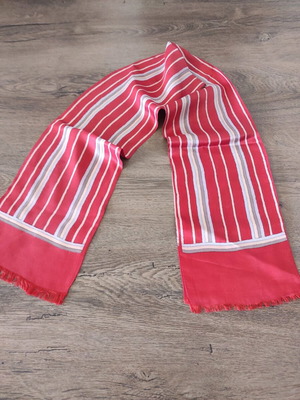 Red satin scarf like new with fringes and stripes