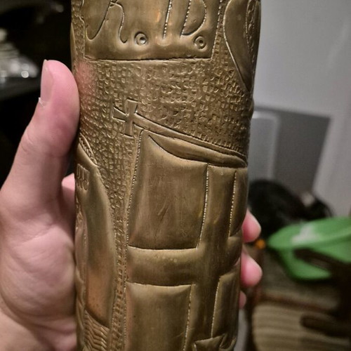 World War I Trench Art used, 75mm carved shell casing