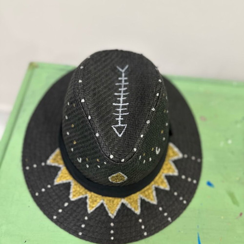 Straw hat hand-painted, new, black, adjustable size