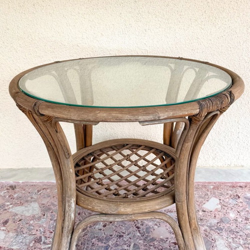 Vintage Bamboo Table with Glass Refurbished