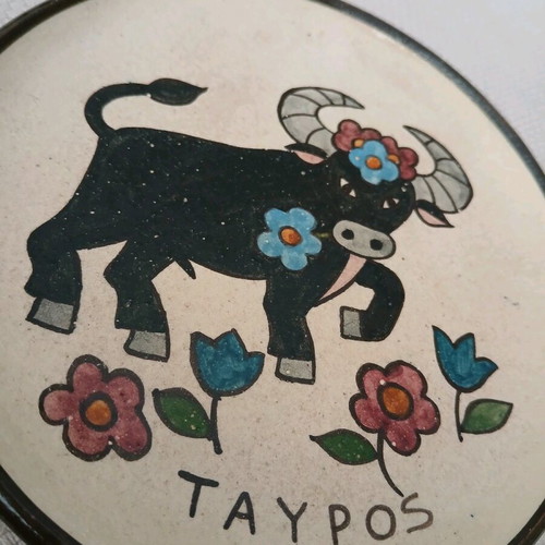 Vintage handmade ceramic plate Taurus zodiac