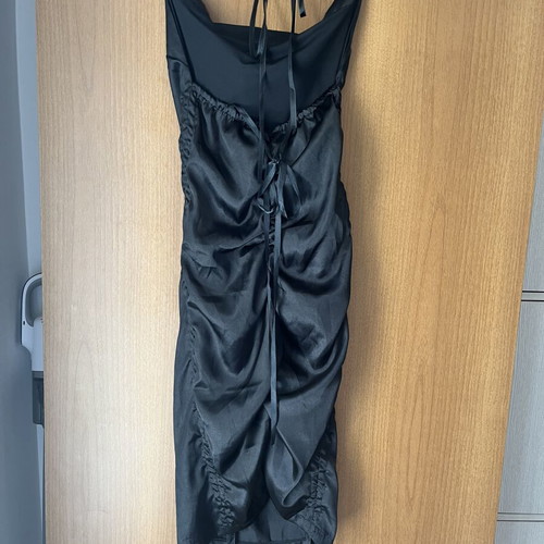 Black midi dress with ruches and adjustable cords like new, size S