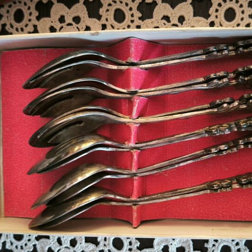 Silver-plated Phoenix dessert set 12pcs like new, 1960s rose design