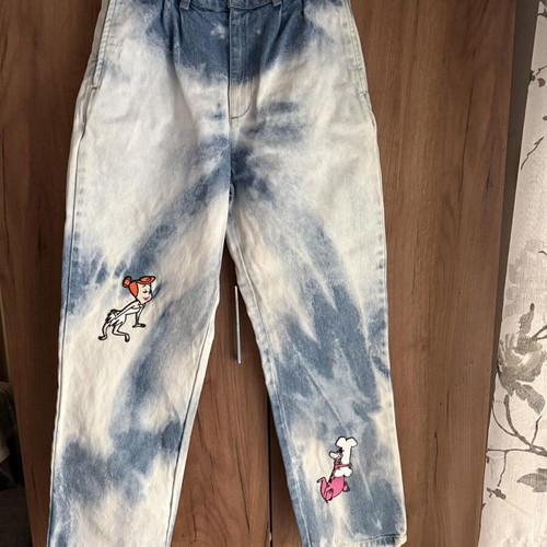 Lazy OAF & The Flintstones Bedrock Unisex Jeans, S, like new, white and blue