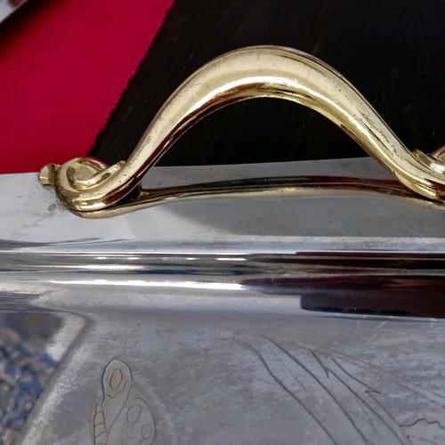 Set of three used serving trays, stainless steel inox 18/10 with gold details
