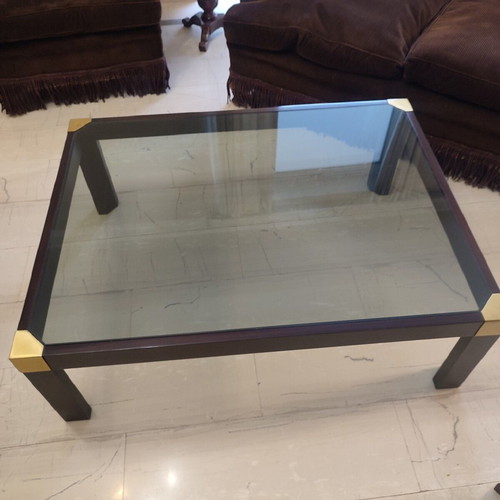 Varagkis walnut coffee table like new with brass details and smoked glass