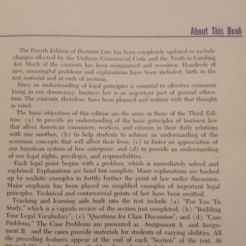Business Law Fourth Edition like new, 1972 edition