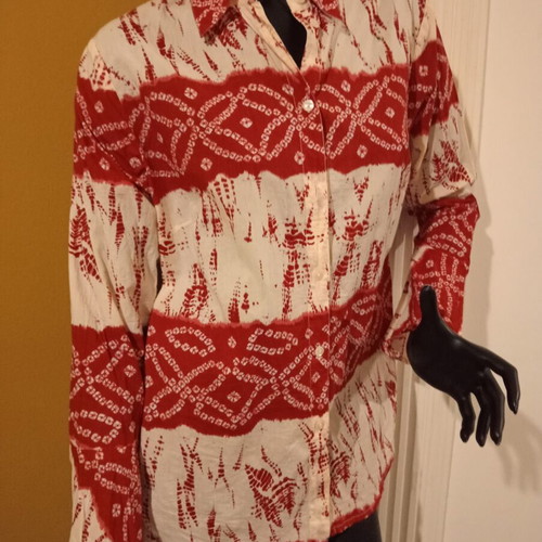 Long-sleeve thin cotton shirt, UK 18, red and cream