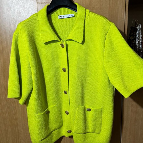 Zara Short-Sleeve Cardigan Used Fluorescent Lime Size L