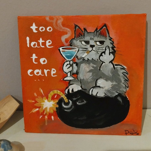 Canvas painting "Too late to care" new, acrylic 13×13 cm
