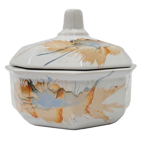 Modern porcelain sugar bowl with abstract decoration, octagonal shape