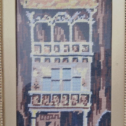 Vintage Gobelin Cross Stitch Architectural Scene in Frame like new