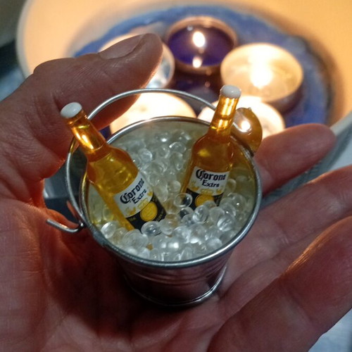 Miniature ice bucket with ice cubes and 2 Corona beers new