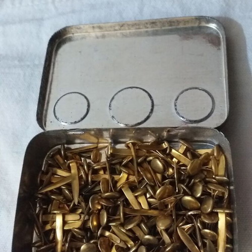 Brass double fasteners used, pack of 175, in metal box