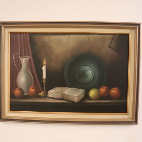 Van Dorp large still life painting with book and candle, like new