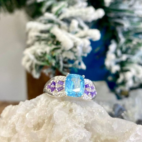 Handmade silver ring with natural aquamarine, amethyst and moissanite
