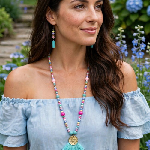 Colorful Tassel Long Necklace and Earrings Set new