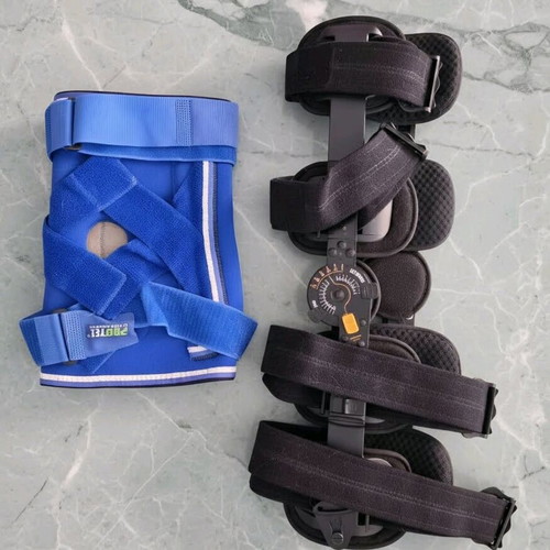 Thigh-calf brace with goniometer and neoprene knee pad like new