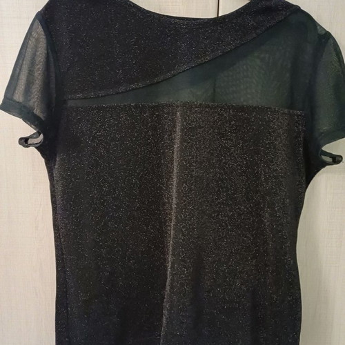 Women's short-sleeve lame blouse with transparency like new, black size L