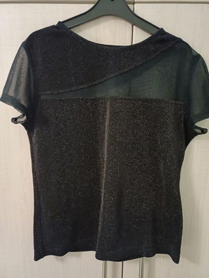 Women's short-sleeve lame blouse with transparency like new, black size L