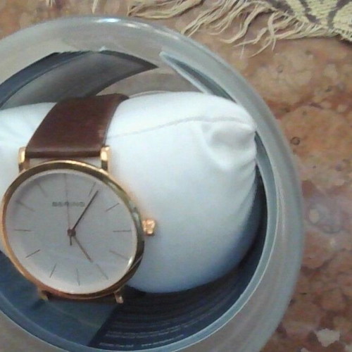 Bering Classic watch, polished rose gold, brown leather strap